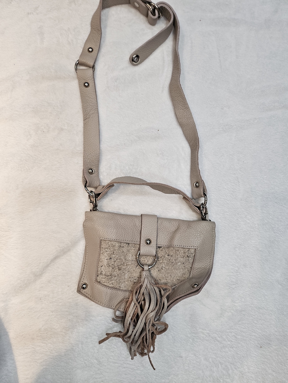 Neutral Taupe Crossbody Bag with Tassel Accent
